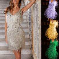 【HOT】◇ Deep V-Neck Sleeveless Backless Hip Wrap Stretchy Fringed Sequin Stitching