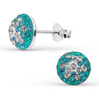 Silver thai 925 Sterling silver half ball Crystal ear stud ต่างหูคริสตัลครึ่งลูกสีฟ้าอมเขียวงินแท้ 925