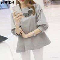 COD dhdfxcz VONDA Women Summer Korean Half Sleeve Casual Baggy Crew Neck Solid Color Pleated Blouse