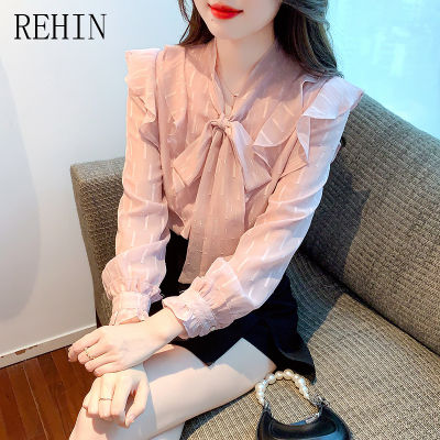 REHIN เสื้อแขนยาวผ้าชีฟองเสื้อหรูหรามีระบายสำหรับผู้หญิง,เสื้อหูกระต่ายมาใหม่ล่าสุดฉบับภาษาเกาหลีฤดูใบไม้ร่วง