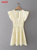 Tangada Women Beige Ruffles Cotton Dress Sleeveless 2022 Fashion Lady Mini Dresses 5X07