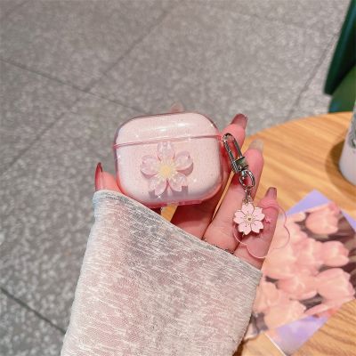 INS Cute 3D Flower Pink Clear Glitter Earphone Case For Airpods 1 2 Pro Lovely Sakura Pendant Charging Box For Airpods 3rd Coque Headphones Accessorie