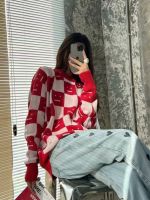 High Quality Checkerboard Acne StudiosˉSquare Smiley Face Mens and Womens Oversize Lazy Sweater Knitwear