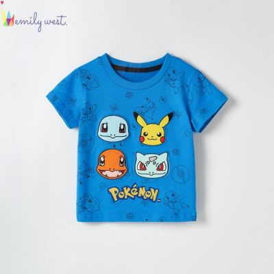 พร้อมสต็อก Pikachu เสื้อยืดโปเกมอนผ้าฝ้ายเด็กวัยหัดเดินเด็กเสื้อยืดน่ารักการ์ตูนฤดูร้อนเด็กแขนสั้นท็อปส์
