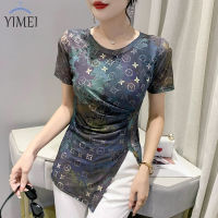 YIMEI เสื้อยืดผ้าโปร่งแขนสั้นสำหรับผู้หญิงเสื้อยืดผ้าโปร่งเข้ารูปพิมพ์ลายใหม่2023ฤดูร้อนแฟชั่นสไตล์ตะวันตก HOT ●812❅✒❍