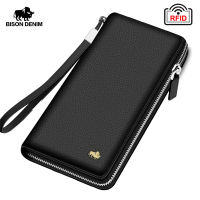 BISON DENIM nd Genuine Leather Wallet RFID Blocking Clutch Bag Wallet Card Holder Coin Purse Zipper Male Long Wallets N8195