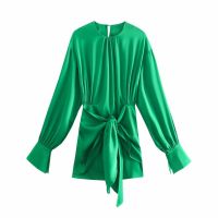 DUOPERI Women Fashion Satin Shirt Dress with Knot Long Cuff Sleeves Casual O-neck Chic Lady High Street Mini Dresses Female Robe