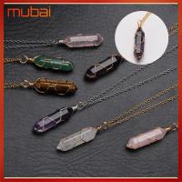 MUBAI เครื่องประดับ อเมทิสต์ ทรายสีฟ้า สร้อยคอคริสตัลทรงกระบอกหกเหลี่ยม หินธรรมชาติ โรสควอตซ์ จี้หินพันลวด