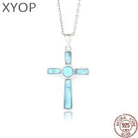 Crucifix Cross Religious Saint Plated Gold 925 Sterling Silver Dominica Larimar Pendant Necklace Natural Precious Jewelry Gifts