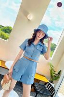 Smart denim Jumpsuit จั้มสูทยีนส์สีฟ้าดีเทลเข็มขัด จั้มสูทขาสั้น จั้มสูทสไตล์เกาหลี