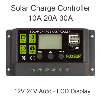 FOXSUR Upgraded Solar Charge Controller 30A 20A 10A PWM Solar Charger Regulator 12V 24V Auto LCD Display with Dual USB 5V Output