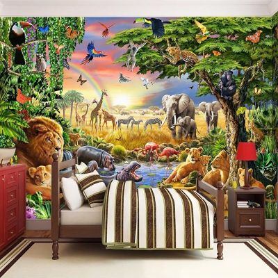 [24 Home Accessories] ภาพที่กำหนดเองภาพจิตรกรรมฝาผนังวอลล์เปเปอร์ไม่ทอ3D การ์ตูนทุ่งหญ้าสัตว์สิงโตม้าลายห้องเด็กห้องนอนตกแต่งบ้านจิตรกรรมฝาผนัง