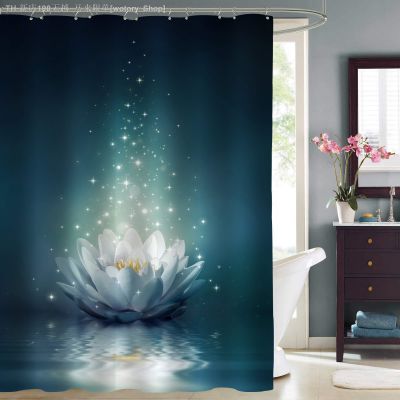 【CW】♣  Floral Shower Curtain，Glowing Waterlily Floating on Pond for Spa with Hooks