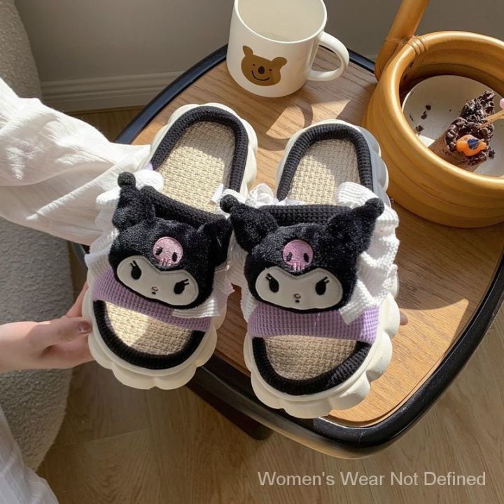 พร้อมที่จะจัดส่ง-รองเท้าแตะผ้าลินิน-sanrio-ผู้หญิงสี่ฤดูกาลบ้านหนาด้านล่างผ้าฝ้ายผ้าลินินซับ-sc2755