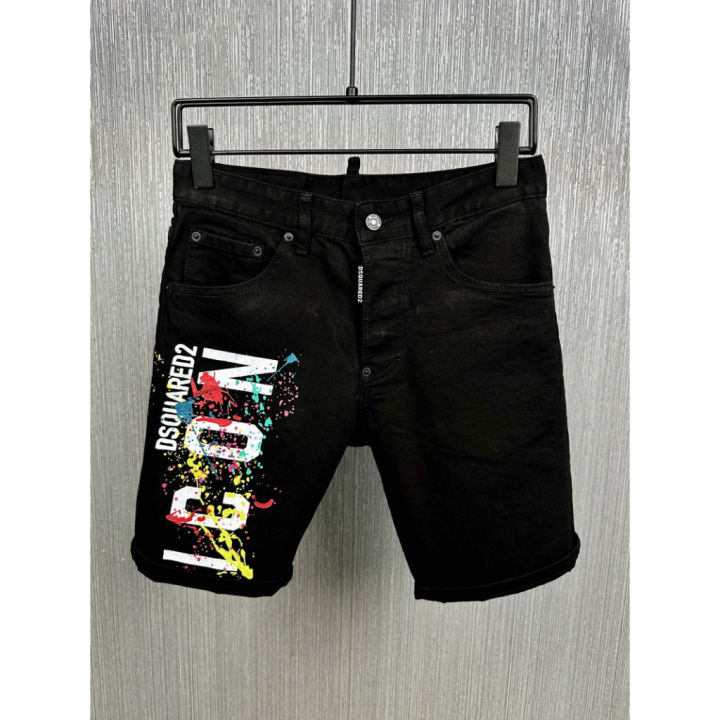 dsquard2-street-fashion-mens-shorts-black-slim-fit-stretch-print-button-hip-hop-mens-denim-shorts-กางเกงขาสั้นผู้ชาย-dd