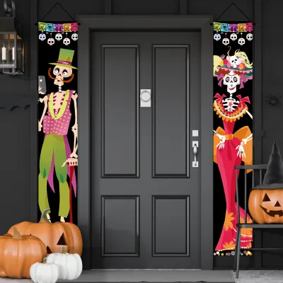 Mexican-themed Party Decorations Mexican Day Of The Dead Party Essentials Halloween Porch Sign Hanging Door Curtain Banner Skeleton Couple Party Decoration