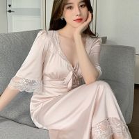 Ao Dai เซ็กซี่ Court Wind Sleepwear ผู้หญิงฤดูร้อนน้ำแข็งผ้าไหมหวานลูกไม้ผ้าไหมพรีเมี่ยมความรู้สึกของผู้หญิงอารมณ์กระโปรงนอนผู้หญิง