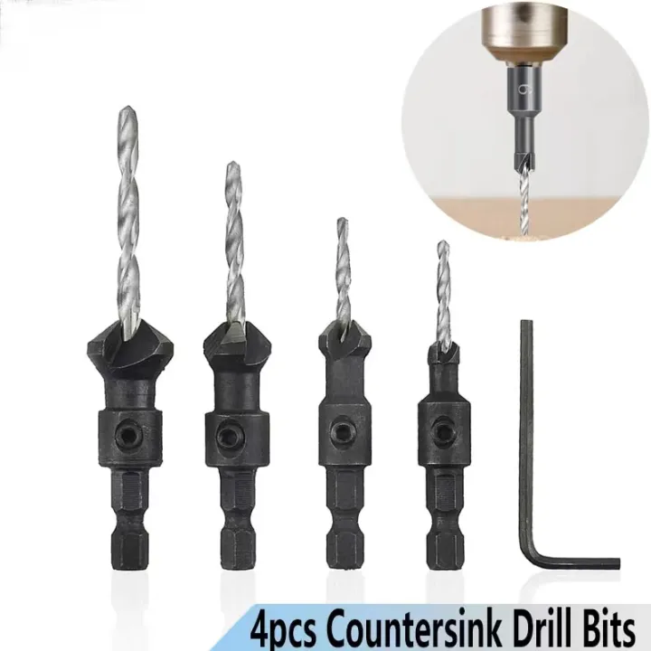 Hot 4pcs Tapered Wood Drill Countersink Set Quick Change Hex Shank