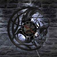 Retro Skull Headphones Vinyl LP Record Wall Clock Vintage Skull Head Night Light Music Skeleton LED Backlighted Wall Timepiece