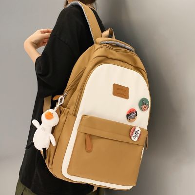 High Capacity Contrast Color Nylon Women Backpack Female Fashion Badge Travel Bag Teenage Girl Preppy Schoolbag Kawaii Bookbag