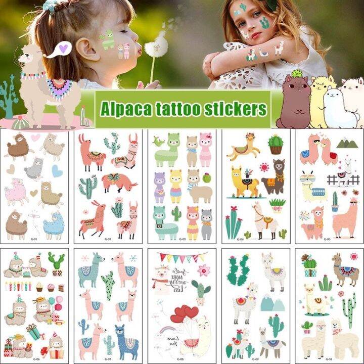 hot-dt-10-pack-fake-stickers-cartoon-temporary-tattoos-kids-arm-alpaca-fun