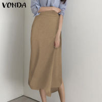 VONDA ผู้หญิงลำลองเอวสูงไม่สม่ำเสมอกระโปรงสีทึบ (สาเหตุเกาหลี)