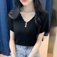 Ice Silk Short-sleeved Blouse Knitted T-shirt Women Loose Korean Button V-neck Top Bottoming Shirt