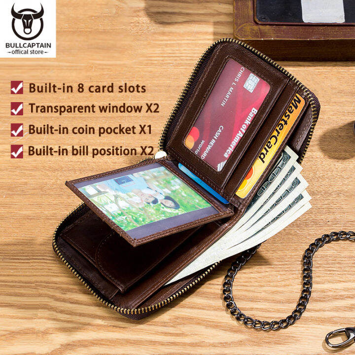 top-bullcaptain-high-quality-cowhide-wallet-for-mens-business-gatherings-multi-card-slot-anti-lost-zipper-design-rfid-anti-theft-brush-change-wallet