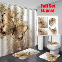Gold Butterfly Bath Shower Curtain Waterproof Polyester Bathroom Curtain Rugs Non slip Bath Mat Set Kitchen Carpet