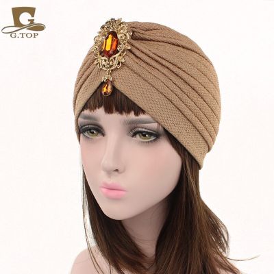 Muslim Turban with Pendant Women Day Night Cap Fashion Cotton Head Wear Ladies Headwrap Jewelry Hair Accessories Headbands