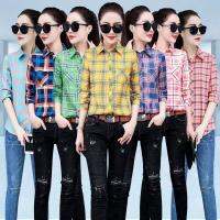 Womens Korean cultivating wild plaid shirt female long-sleeved check blousetops