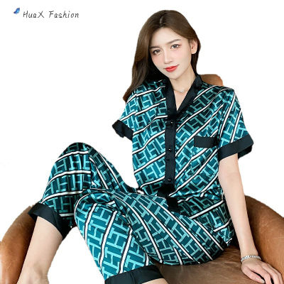 HuaX 2ชิ้น/เซ็ตผู้หญิงชุดนอนผ้าไหมจำลองฤดูร้อนเสื้อแขนสั้นพิมพ์ลาย Top กางเกงชุดบ้าน