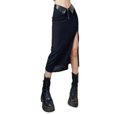 ‘；’ 2023 New  Irregular Skirts Women Summer Charm Split Long Skirt Slim Party Bodycon Skirt Gray Black