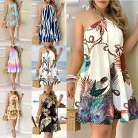 COD DSTGRTYTRUYUY Summer Beach Bohemian Women Halter Backless Off Shoulder Hawaii Fashion Floral Rainbow Banana Leaves Print Loose Mini Short Dress For Club/Party/Casual/Holiday