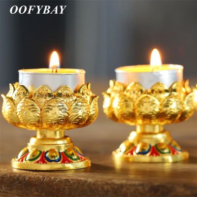 Metal Butter Lotus Oil Lamp Candle Holder Buddha Candlestick Living Room Feng Shui Ornaments Office Candlelight Home Decoration