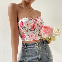 【LZ】✧✘✟  Espartilho bustier floral sexy para mulheres tops sem alças com zíper desossado para trás bodyshaper pescoço querida top justo