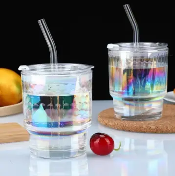 375Ml Coffee Mug Simple Stripe Glass Cup With Lid and Straw Transparent  Bubble Tea Cup Juice Glass Milk Mocha Breakfast Mug