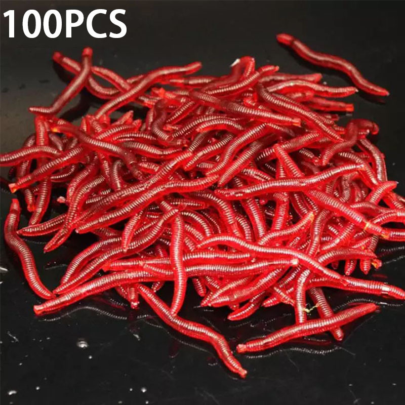 100pcs 4cm Dark Red Fishing Lure Earthworm Plastic Artficial Bait Fishy Smell