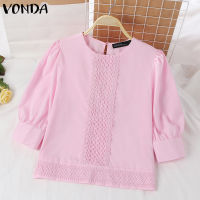 VONDA เสื้อจับจีบคอกลมแขนพองสำหรับผู้หญิง,เสื้อเบลาส์ฤดูร้อนเสื้อลำลองมีจีบหรูหราสไตล์เกาหลี2 #