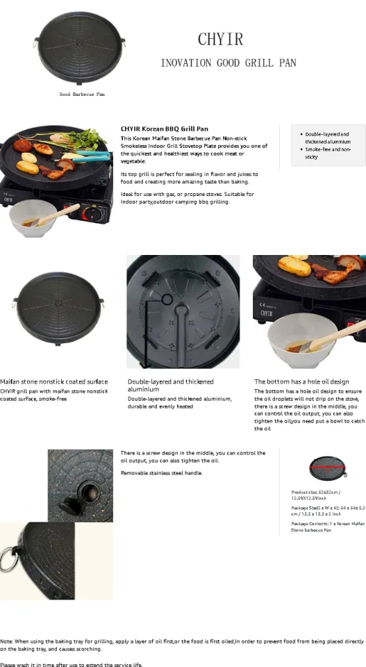 CHYIR Korean Style BBQ Grill Pan with Maifan Coated Surface Non-Stick Smokeless Barbecue Plate for Indoor Outdoor Grilling