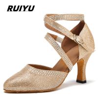 hot【DT】 Latin Shoes Ladies Jazz Ballroom Tango Heel Closed Toe Rhinestone Gold and