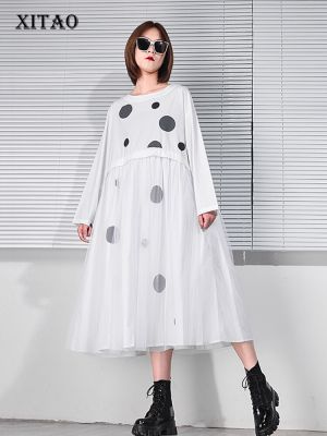 XITAO Dress Casual Loose Dot Print Mesh Long Sleeve Dress