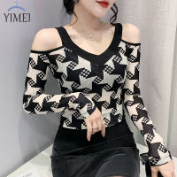 YIMEI 2023เสื้อตาข่ายสำหรับผู้หญิงเสื้อยืดพิมพ์ลายแขนยาวผู้หญิงเปิดไหล่ผู้หญิงดีไซน์ล่าสุดสำหรับฤดูใบไม้ร่วง