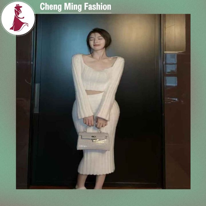 cheng-ming-ชุดเสื้อกันหนาวแบบถัก2ชิ้นสำหรับผู้หญิง-เสื้อแขนยาวสีทึบเสื้อผู้หญิงเพรียวบางชุดกระโปรงสองชิ้นคลุมเข่า