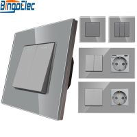 Light Switch LED Indicator gray Crystal Glass Panel 1/2/3Gang Wall Push Button switch EU Socket With Switch 250V Power Points  Switches Savers