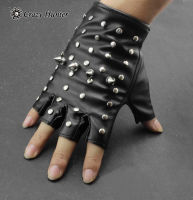 Womens Ladys Studded Punk Rock Music GIG Fingerless Leather Gloves