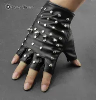 Womens Ladys Studded Punk Rock Music GIG Fingerless Leather Gloves