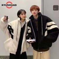 KYUSHUAD โค้ทอย่างหนาตอนฤดูหนาวเสื้อโค้ทขนสัตว์แกะเสื้อโค้ตทรงหลวมแจ็คเก็ตเศรปาอบอุ่นคอสติกเกอร์ตกแต่งผนัง