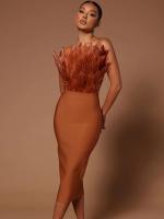 【YF】 Summer Fashion Women Sexy Strapless Brown Hot Pink Feathers Bodycon Bandage Dress 2022 Elegant Midi Evening Club Party