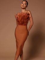 【YF】 Summer Fashion Women Sexy Strapless Brown Hot Pink Feathers Bodycon Bandage Dress 2022 Elegant Midi Evening Club Party